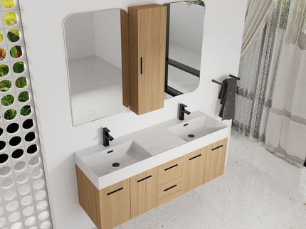 Floating Double Sink Bathroom Vanity Set With Tall Linen Cabinet, Drawers And Doors, Extra Large Storage, Integrated Sink, Soft Close Hardware - Glossy White / Light Oak