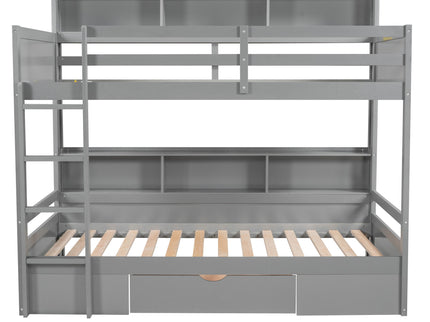 Twin Size Bunk Bed With Built-In Shelves Beside Both Upper And Down Bed And Storage Drawer