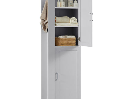 Tall Freestanding Bathroom Storage Cabinet With Adjustable Shelves And Side Hooks