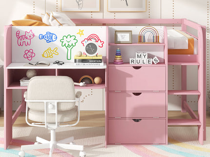 Low Loft Bed With Built In Desk, Storage Cabinets, Open Bookcase And Doodle board