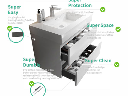Alice - Bathroom Vanity With Large Storage, Sink Wall Mounted Floating Bathroom Vanity For Modern Bathroom, One-Piece Sink Basin Without Drain And Faucet