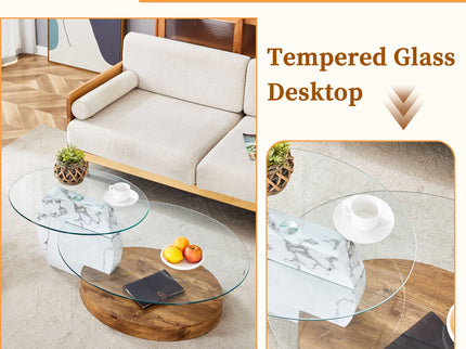 Contemporary Artistic Double Layer Coffee Table, Tempered Glass Top