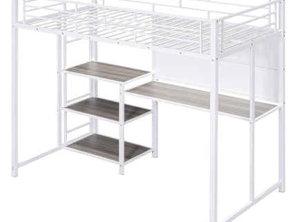 Metal Loft Bed With Desk, 3 Shelves And Ladder