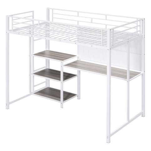 Metal Loft Bed With Desk, 3 Shelves And Ladder
