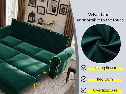 3 In 1 Convertible Sleeper Sofa With Nailhead Trim & Rolled Arm