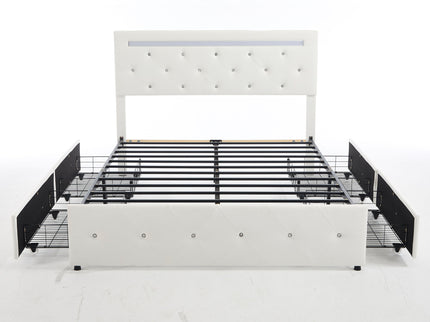 Upholstered Bed Frame With LED Lights, 4 Storage Drawers, Charging Station