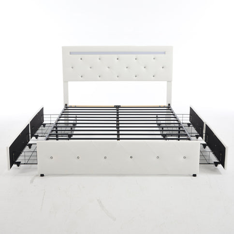 Upholstered Bed Frame With LED Lights, 4 Storage Drawers, Charging Station