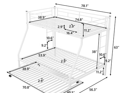Bunk Bed With Steel Frame And Trundle, 2 Side Ladders