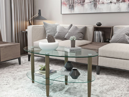 Transparent Oval Glass Coffee Table, Modern Table In Living Room Oak Wood Leg Tea Table 3-Layer Glass Table
