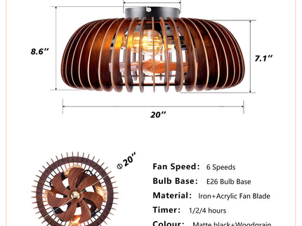 Semicircle Flush Mount Fan Light, (No Included Bulbs) And Remote Control, 6 Speeds, Quiet DC Motor For Living Room - Wood