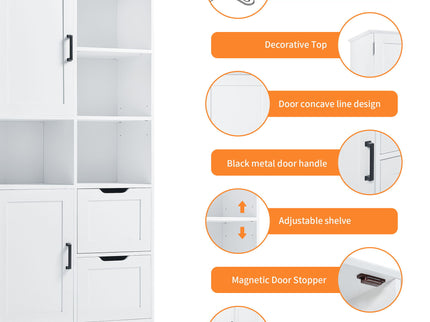 Freestanding Bathroom Storage Cabinet With Doors And Drawers, Adjustable Shelf, Open Shelves - White