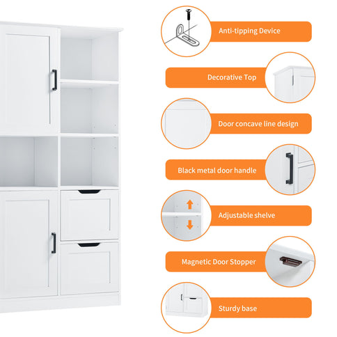 Freestanding Bathroom Storage Cabinet With Doors And Drawers, Adjustable Shelf, Open Shelves - White