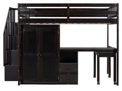 Loft Bed With Stairs, Bookshelf, Drawers, Desk & Wardrobe, Space Saving Multifunctional Furniture