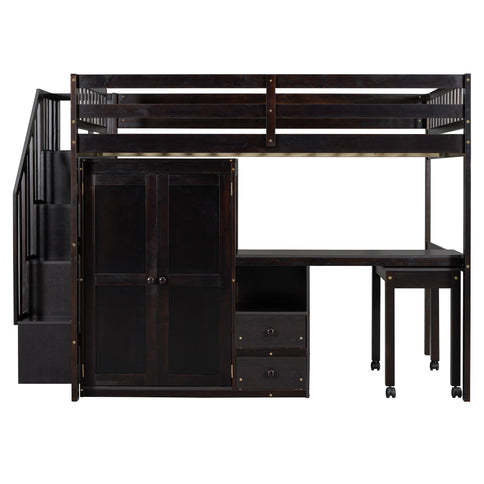 Loft Bed With Stairs, Bookshelf, Drawers, Desk & Wardrobe, Space Saving Multifunctional Furniture