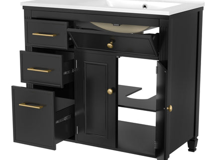 Modern Bathroom Vanity With Ceramic Sink, Freestanding, One Tip Out Drawer, 3 Side Drawers, Adjustable Shelf
