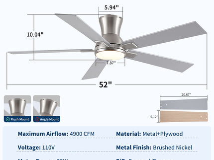 Low Profile Flush Mount Intergrated LED Ceiling Fan With Light And Reversible Quiet Motor