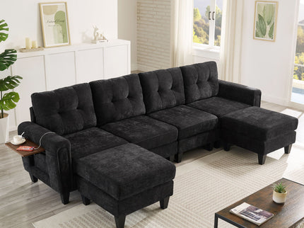 Modular Sectional Sofa With Movable Ottomans, USB Ports & Side Tables