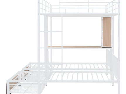 Triple Bunk Bed With Drawers, Multi-Functional Frame With Desks And Shelves In The Middle