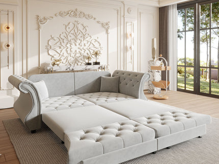 Oversized Chesterfield Pull Out Sofa Bed, Roll Arm Couch With Flower Tufting For Living Room