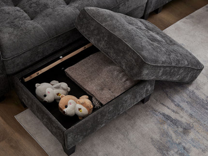 Modern Sectional Sofa U-Shaped With Movable Ottomans, tooth Speakers, LED Lights And Modular Storage
