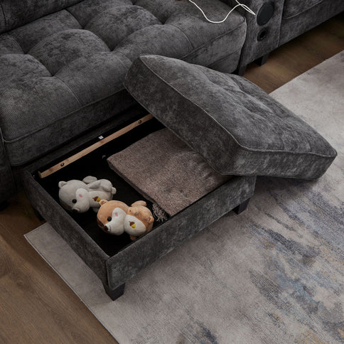 Modern Sectional Sofa U-Shaped With Movable Ottomans, tooth Speakers, LED Lights And Modular Storage