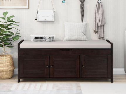 Storage Bench With 3 Shutter-Shaped Doors, Shoe Bench With Removable Cushion And Hidden Storage Space