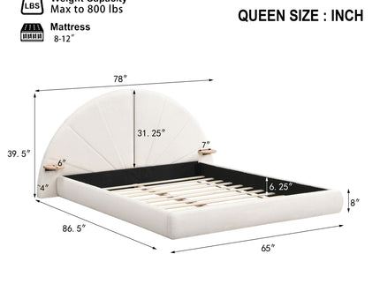 Queen Arched Bed With Small Table, Floor Standing Design - Beige