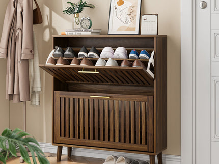 Medieval Modern Shoe Cabinet With 2 Flip Drawers And Fence Design