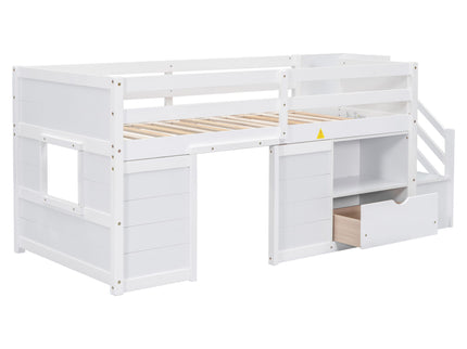 Low Loft Bed With Stair, Drawer, And Shelf