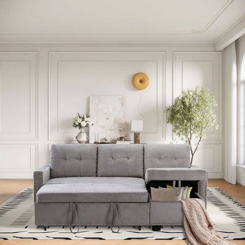Reversible Sectional Storage Sleeper Sofa Bed, L-Shape 2 Seat Sectional Chaise With Storage, Skin-Feeling Fabric