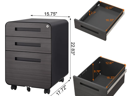 3 Drawer Mobile File Cabinet Under Desk Office, Simple Style Versatile Storage Cabinet For Legal / Letter / A4 Files, 5 Wheel Design Anti-Tilting Cold Rolled Steel Waterproof Moisture-Proof