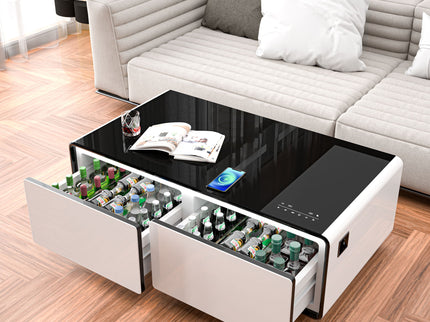 Modern Smart Coffee Table With Built-In Fridge, tooth Speaker, Wireless Charging Module, Touch Control Panel, Power Socket, USB Interface, Outlet Protection, Atmosphere Light