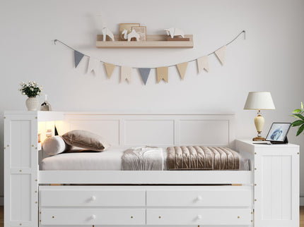 Daybed With Storage Shelves, Drawers, Trundle, Charging Station, LED Light, Desk And Cabinet