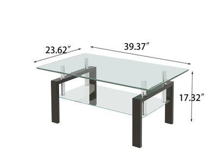 Tempered Clear Glass Coffee Table, 2-Layers Coffee Table Living Room Center Table - Black