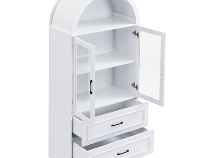 Arched Top Storage Cabinet With Fixed 2 Tier Shelves, 2 Large Drawers
