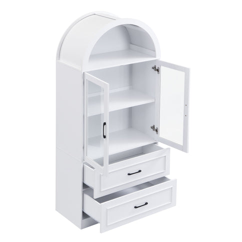 Arched Top Storage Cabinet With Fixed 2 Tier Shelves, 2 Large Drawers