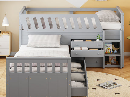 Loft Platform Bed With 7 Drawers And Full Guardrails, Modern L Shaped Space Savin