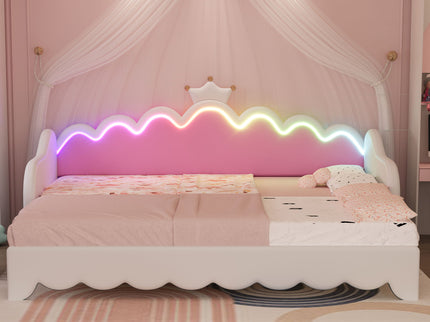 Extending Daybed With LED Lights, Modern Upholstered Princess Daybed With Crown Headboard