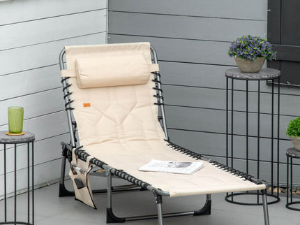 Outsunny - Padded Folding Chaise Lounge Chair, Outdoor 6-Level Reclining Camping Tanning Chair With Headrest For Beach, Yard, Patio, Pool - Beige
