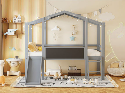 Loft House Bed With Ladder And Slide, With board And Light Strip On The Roof