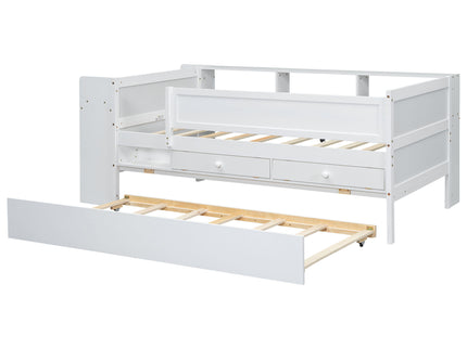 Twin Daybed With Drawers, Trundle, Headboard Storage, Study Desk, And USB Charging Station - White