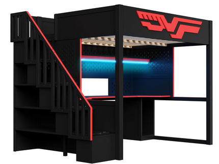 Full Gaming Loft Bed With Desk And Storage Staircase, LED Lights And USB - Red / Black