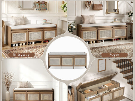 Entryway Shoe Bench With Drawers & Button Tufted Cushion
