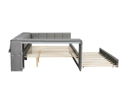 Upholstered Platform Bed With Storage Shelves, Desk, Charging Station And Trundle