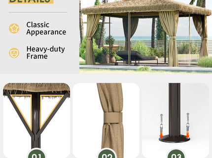 Outdoor Patio Gazebo With Double Canopy, Mosquito Net & Privacy Curtain - Brown