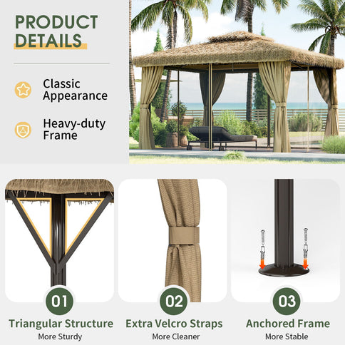 Outdoor Patio Gazebo With Double Canopy, Mosquito Net & Privacy Curtain - Brown