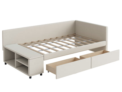 L Shaped Upholstered Platform Bed With Storage And Drawers