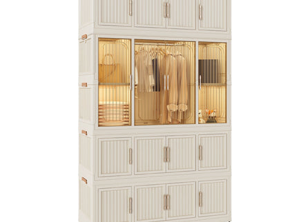 Portable Wardrobe Closet Storage Organizer With 17 Magnetic Doors, 17 Cubes, Hanging Rod & 6 Hangers - Creamy White