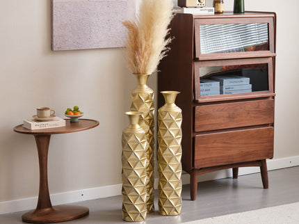 Metal Decorative Vase High Distress Metal Center Vase With 3D Triangle Pattern, (Set of 3) Vases For Home Decoration - Gold