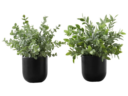 11" Tall, Artificial Plant, Eucalyptus Grass, Indoor, Faux, Fake, Table, Greenery, Potted, Decorative (Set of 2) - Green / Black